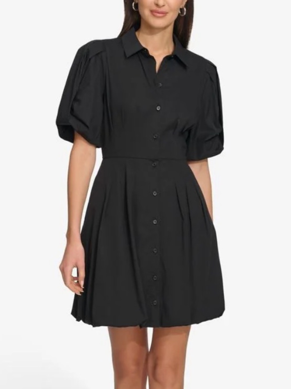 DKNY Black Button-Front Puff Sleeve Mini Dress